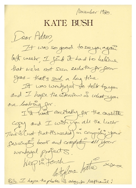Kate Bush 1980 Signed & Handwritten Letter to Mime Artist Adam Darius (Tracks LTD)(Beckett/BAS LOA)