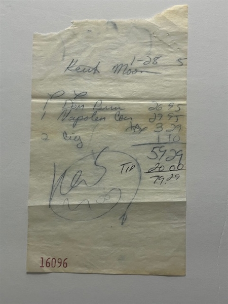 The Who: Keith Moon Personal Carbon Copy Receipt for Napoleon Cognac & Dom Perignon