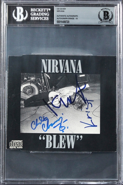 Nirvana ULTRA RARE Signed "Blew" UK EP CD Cover with Early Lineup with Chad Channing (Beckett/BAS GEM MINT 10 Autographs!)