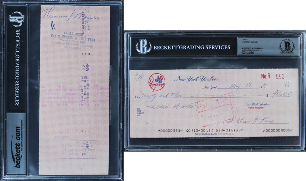 Thurman Munson Signed 1974 Yankees Road Account Check with MINT 9 Autograph (Beckett/BAS Encapsulated)