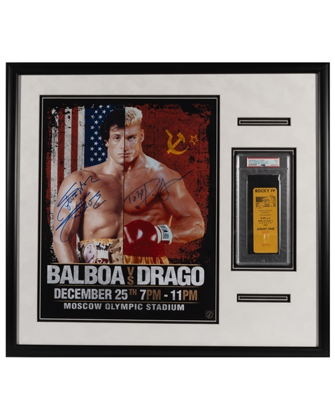 Sylvester Stallone & Dolph Lundgren Signed 16" x 20" Photo W/ Ticket for Rocky IV Filming (Auto Mint 8 & 10 Grades!)(PSA/DNA Encapsulated & LOA)