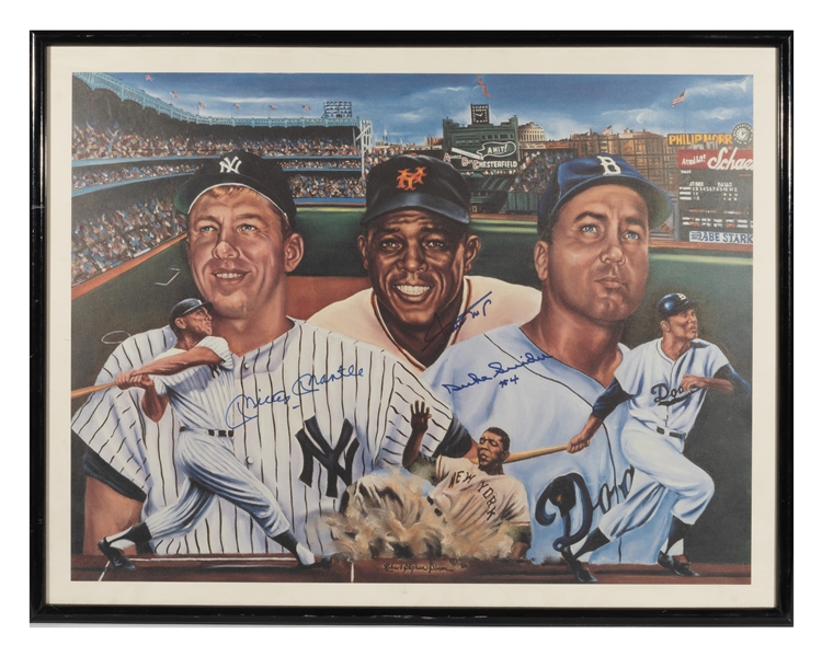 New York Baseball Legends Multi-Signed Lithograph with Mickey Mantle, Duke Snider & Willie Mays (PSA/DNA LOA)