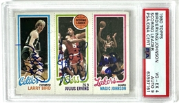 1980-81 Topps Magic Johnson, Larry Bird & Julius Erving Card - Signed by All 3 - Magic & Birds Rookie with MINT 9 Autographs (PSA/DNA Encapsulated)
