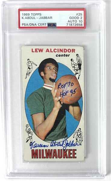 Kareem Abdul Jabbar Impressively Signed 1969 Topps Rookie Card with Full Name Auto & "ROY 70 & HOF 95" Inscription! (PSA/DNA GEM MINT 10 Autograph)