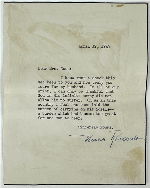 Eleanor Roosevelt Amazing Typed Signed Letter With Extraordinary Content About FDRs Passing (Third Party Guaranteed)