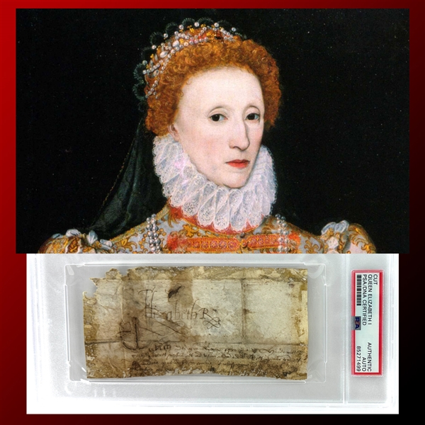 Queen Elizabeth I Extraordinarily Rare Signed Document Segment (PSA/DNA Encapsulated)