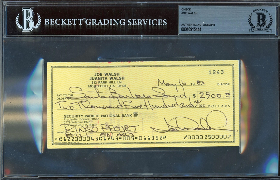 The Eagles: Joe Walsh Handwritten & Signed Personal Bank Check (Beckett/BAS Encapsulated)