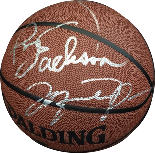 Michael Jordan, Kobe Bryant & Phil Jackson Rare Signed Spalding I/O NBA Basketball (Lakers LOA, UDA & PSA/DNA)