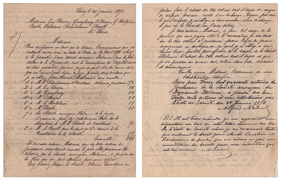 Alfred Nobel RARE Handwritten and TWICE-SIGNED 1873 Dynamite Document (Third Party Guaranteed)
