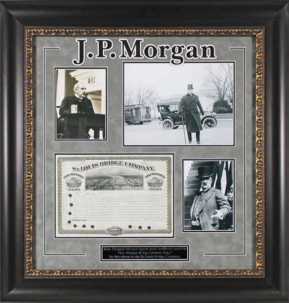 J.P. Morgan Signed Stock Certificate in Custom Framed Display (Beckett/BAS LOA)