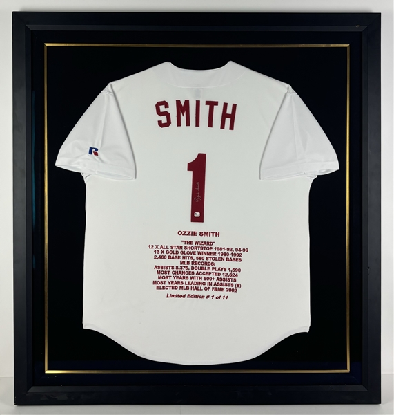 Ozzie Smith Signed Ltd. Ed. Stat Jersey in Framed Display (Third Party Guaranteed)