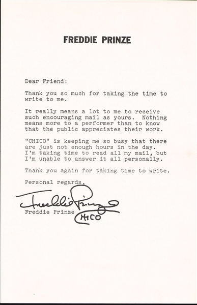 Freddie Prinze Sr. Rare Single Signed Typed Letter (Third Party Guaranteed)