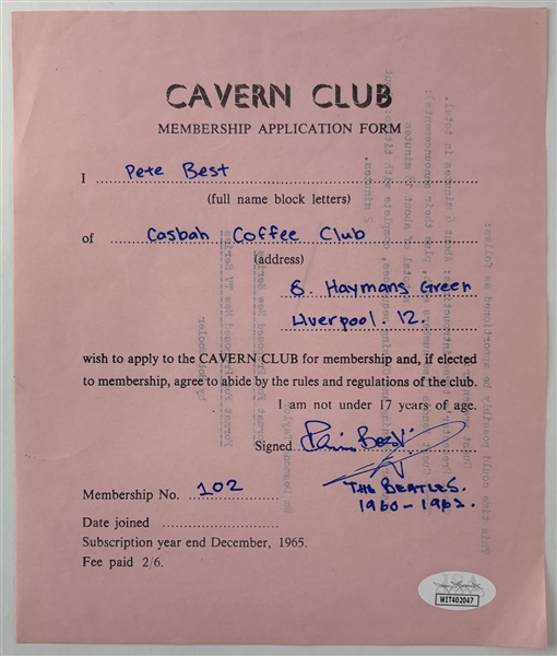 The Beatles: Pete Best Signed Cavern Club Application Form (JSA Witnessed)