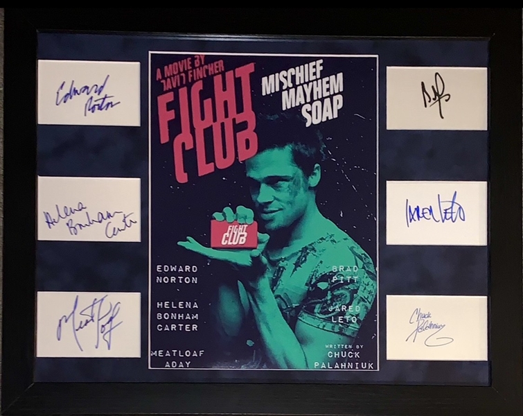 Fight Club Cast Signed Index Cards in Framed Display w/ Pitt, Norton, Carter, & More! (6 Sigs)(ACOA)