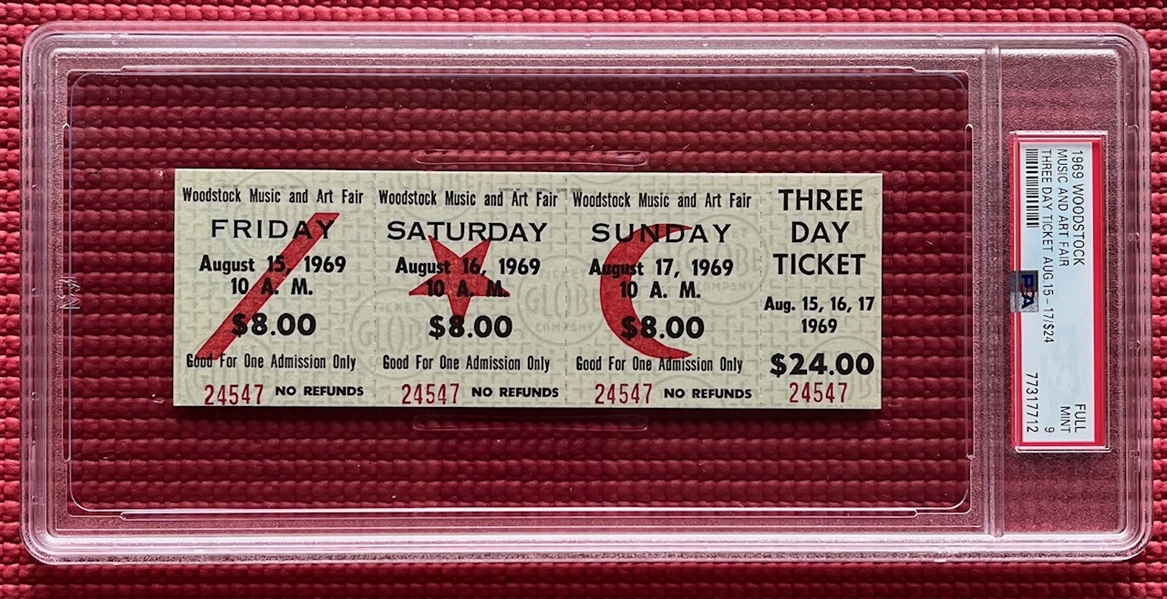 Original 1969 Woodstock Three Day Ticket Graded Mint 9! (PSA/DNA Encapsulated)