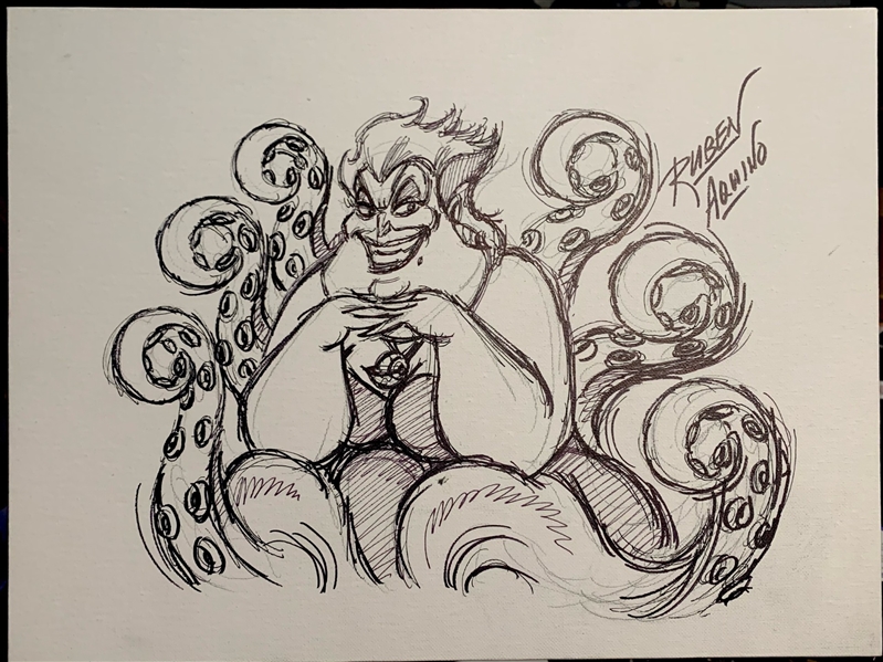 Disney Animator Ruben Aquino Signed 12" x 16" Canvas w/ Ursula Sketch (ACOA)