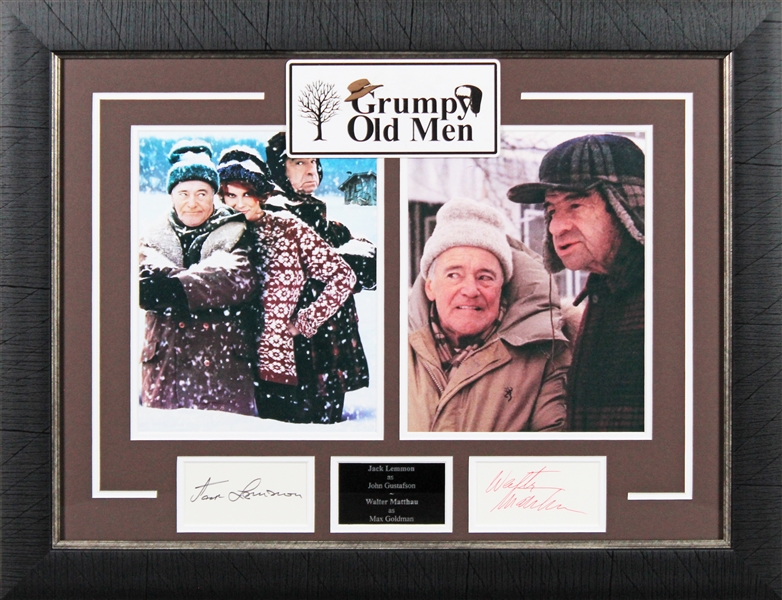 Grumpy Old Men: Walter Matthau & Jack Lemmon Signed 3" x 5" Index Cards in Framed Display (Beckett/BAS LOA)