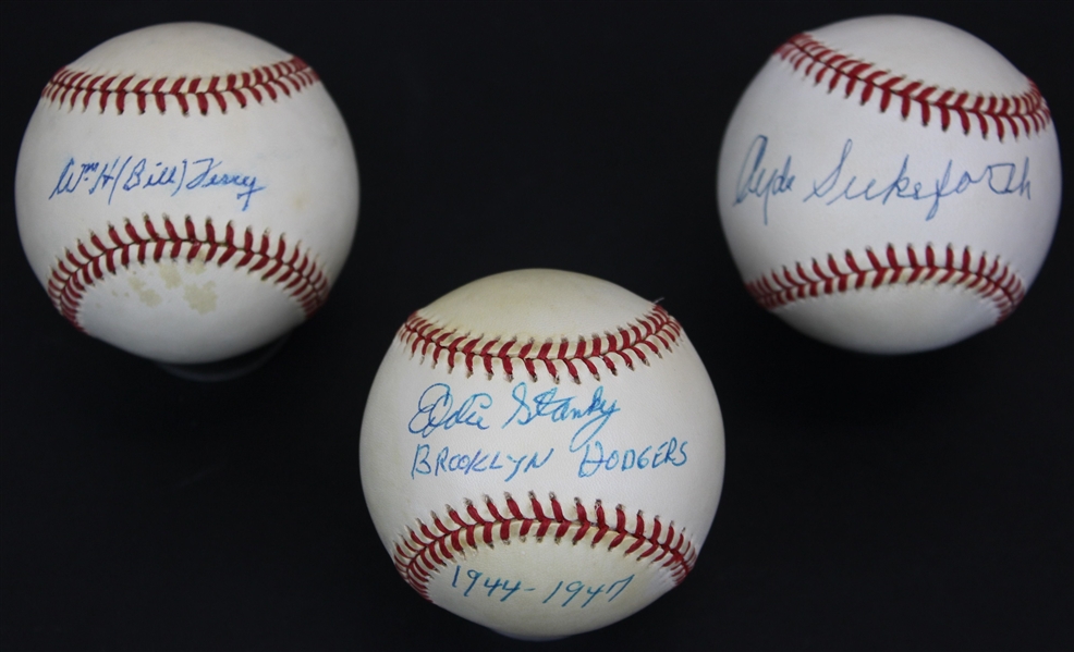 Lot of 3 - Individually Signed Baseballs including Eddie Stanky,  Clyde Sukeforth , and WM. H. "Bill" Terry  (Beckett/BAS) 