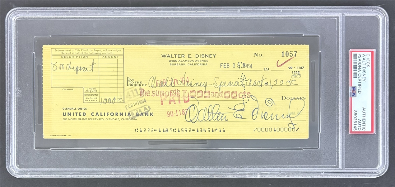 Walt Disney 1964 Handwritten & Signed Check (PSA/DNA Encapsulated)(Phil Sears)