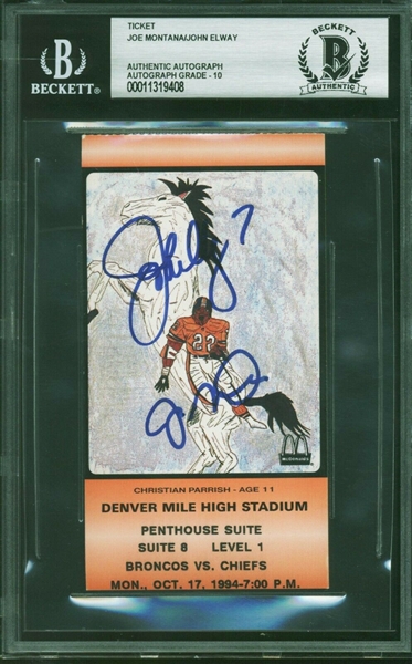 The Last Showdown: Joe Montana & John Elway Signed Ticket 11/17/94 Broncos vs. Chiefs MNF Game - BAS Graded GEM MINT 10! (Beckett/BAS Encapsulated)