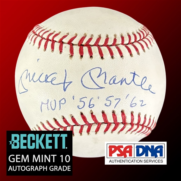 Mickey Mantle Signed & "MVP 56 57  62" Insc. ONL Baseball with BAS GEM MINT 10 Autograph! (Fanatics, Beckett/BAS, PSA/DNA LOAs)