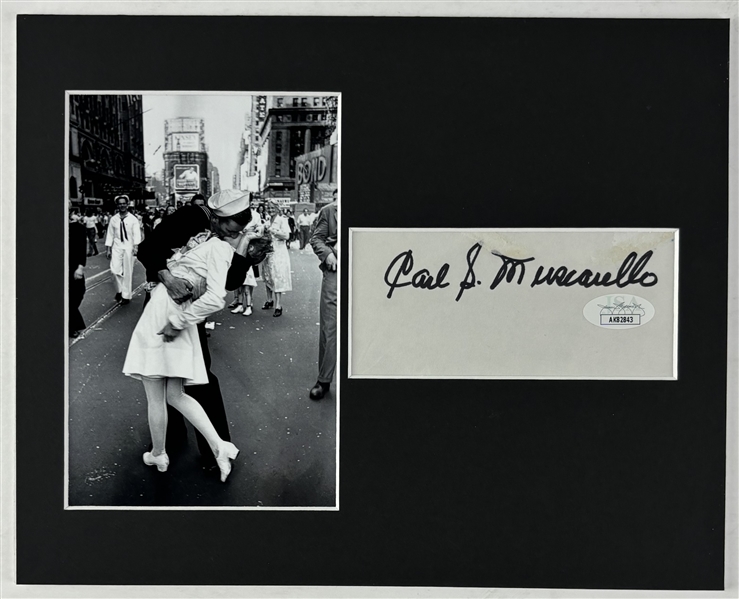 Carl Muscarello Signed 2" x 4.5" Segment Matted w/ V-J Day in Times Square Photo (JSA)