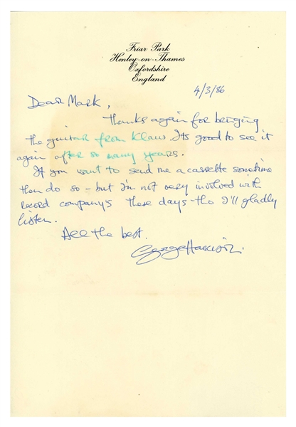 The Beatles: George Harrison 1986 Signed Handwritten Letter Concerning His Gretsch 6128 Duo Jet Guitar (Tracks LOA)(Beckett/BAS LOA)