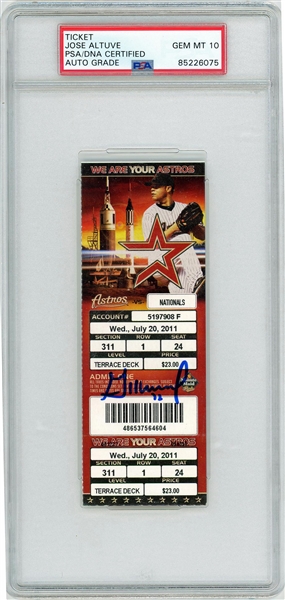 Jose Altuve Signed MLB Debut Ticket Gem Mint 10 Auto Encapsulated (PSA/DNA)