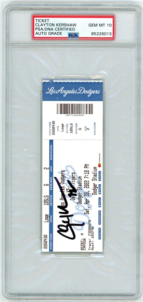 Clayton Kershaw Signed Ticket Gem Mint 10 Auto Encapsulated :: Kershaw Breaks Dodgers Career Strikeout Record (PSA/DNA) 