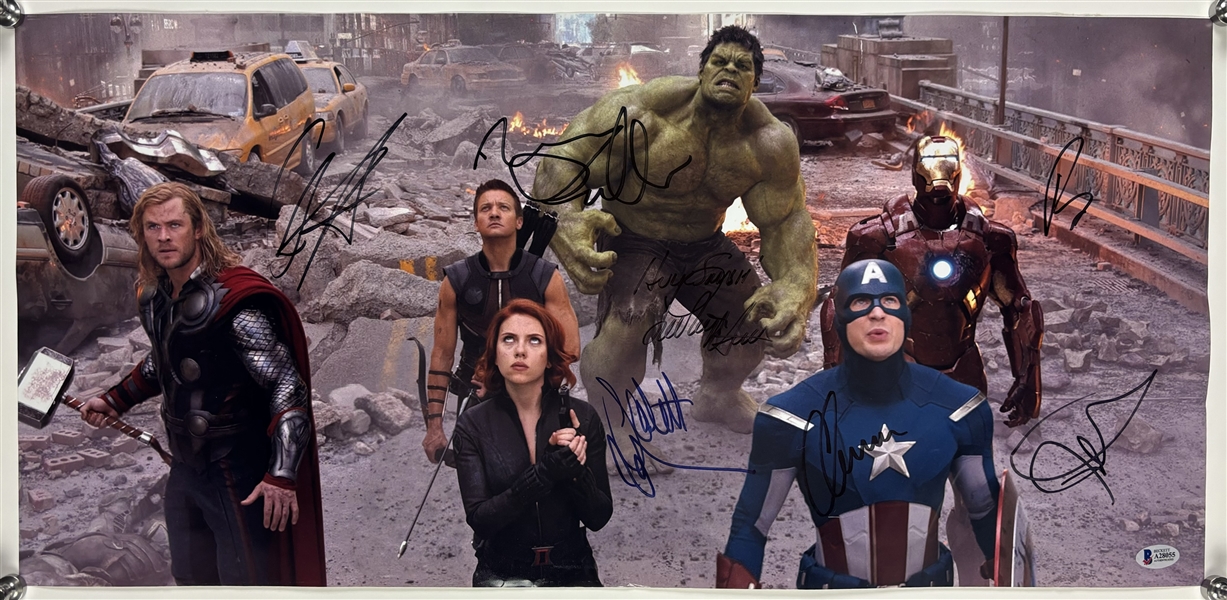 Avengers: Impressive Multi-Signed 12" x 24" Poster w/ Scarlett Johansson, Robert Downey Jr,, Chris Hemsworth, & More! (7 Sigs)(Beckett/BAS)