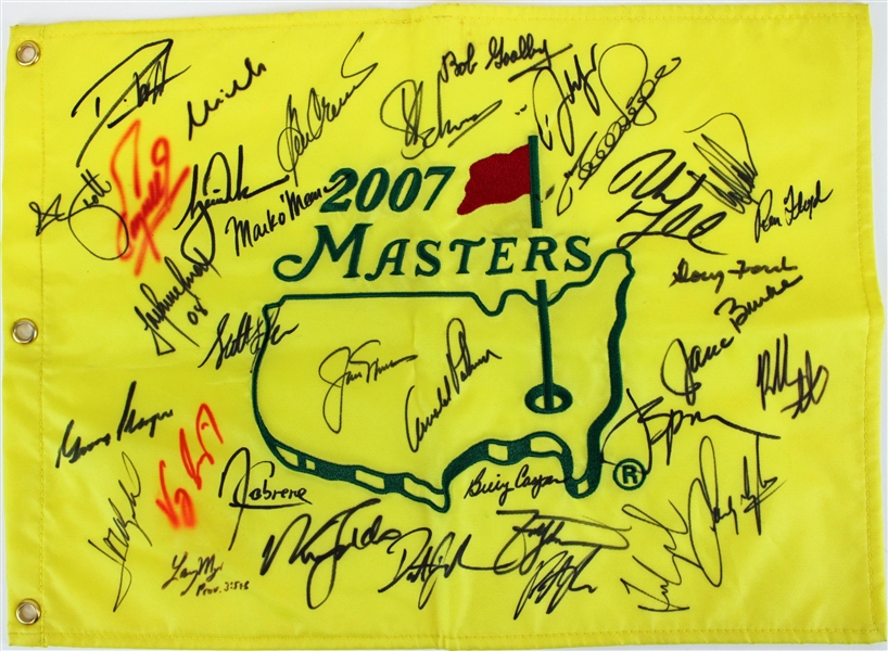 2007 Masters Winners Multi-Signed Pin Flag with 32 Signatures with Tiger, Nicklaus, Palmer, etc. (PSA/DNA LOA)