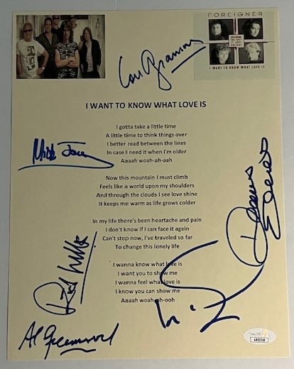 Foreigner: Group Signed "I Want To Know What Love Is" Lyric Sheet (6 Sigs)(JSA)