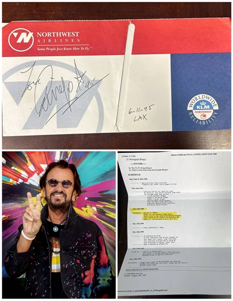 Ringo Starr Signed "Love, Ringo 95" on Northwest Airlines Flight Itinerary Folder (Third Party Guaranteed)