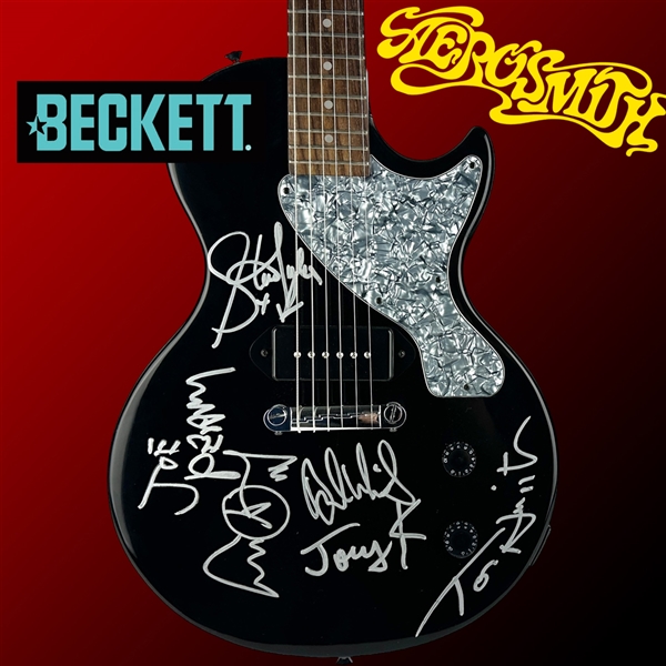 Aerosmith Amazing Fully Band Signed Black Gibson Epiphone Guitar (Beckett/BAS LOA)(Ex. "Big Ed" Lambert Collection)