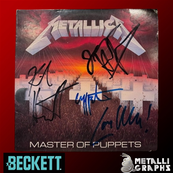 Metallica Group Signed "Master of Puppets" Record Album Cover with Cliff Burton - The Finest Weve Seen! (Beckett/BAS & Metalligraphs LOAs)