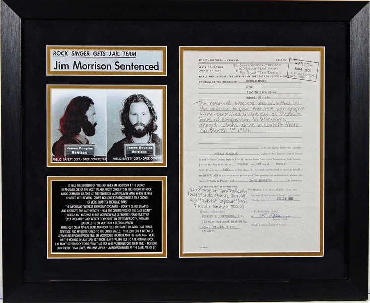 The Doors: Jim Morrison Court Document Page from Indecent Exposure Trial in Framed Display 