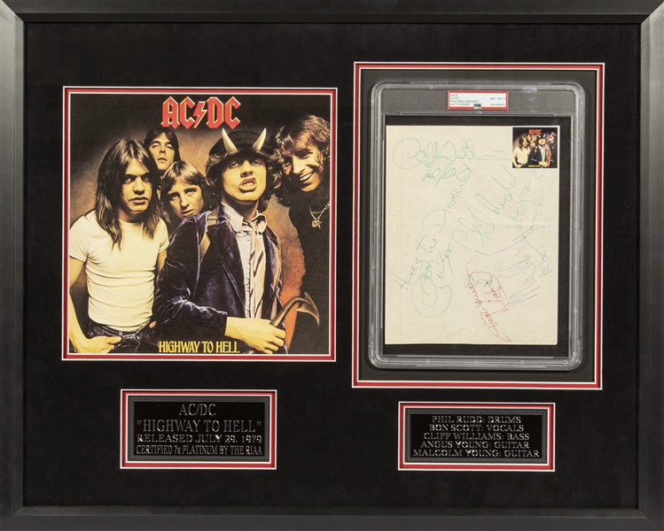 AC/DC: Original Group Fully Signed 8.5" x 11" Page in Framed Display (5 Sigs)(PSA/DNA Encapsulated)