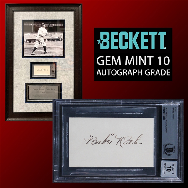 Babe Ruth Signed 2" x 3.5" Sheet with Desirable 1920s Early Quoted Signature in Custom Framed Display :: Beckett Graded GEM MINT 10 Autograph! (Beckett/BAS Encapsulated)