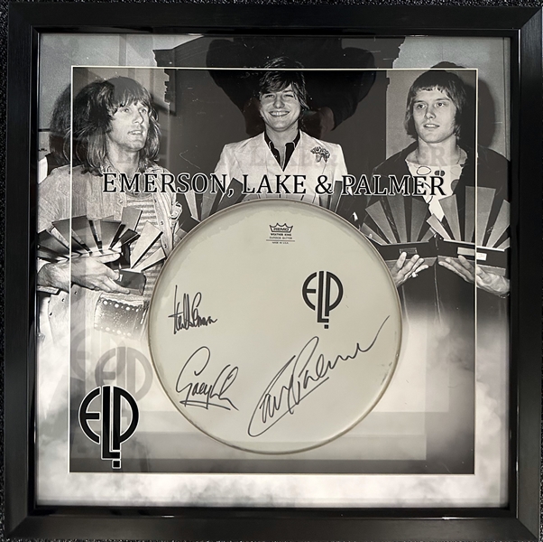 Emerson, Lake & Palmer Signed 14" Drumhead in Framed Display (Third Party Guaranteed)