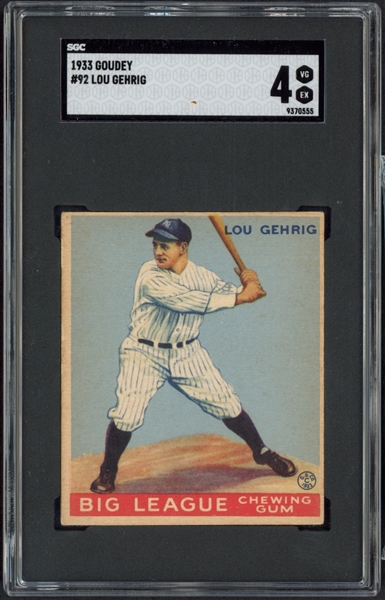 Lou Gehrig 1933 Goudey #92 Trading Card SGC Graded VG/EX 4 (SGC Encapsulated)