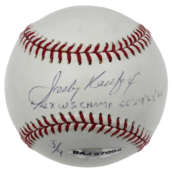 Sandy Koufax Signed LE OML Baseball Inscribed "4X WS Champ 55 59 63 65" (UDA, MLB, Beckett & JSA)