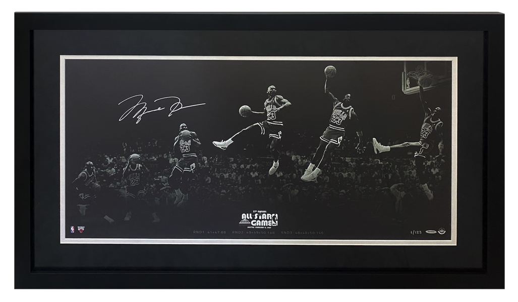 Michael Jordan Signed Limited Edition 18" x 36" "Kiss Rim 180" Photo in Framed Display (UDA)