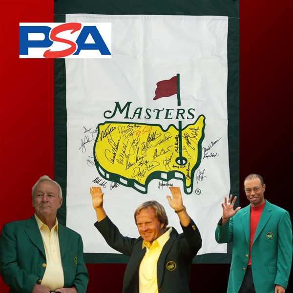 Masters Winners Multi Signed Masters House Pin Flag with Tiger, Palmer, Nicklaus, Mickelson, etc. (32 Sigs)(PSA/DNA LOA)