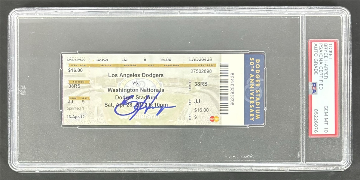 Bryce Harper Signed 2012 MLB Debut Game Ticket w/ Gem Mint 10 Auto! (PSA/DNA Encapsulated)