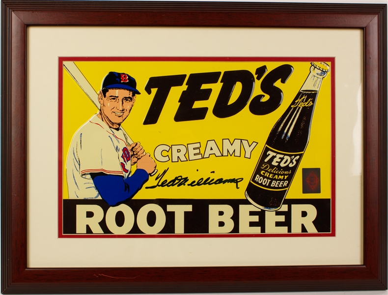 Ted Williams Near-Mint Signed Creamy Root Bear Ad in Framed Display (Green Diamond(Third Party Guaranteed)