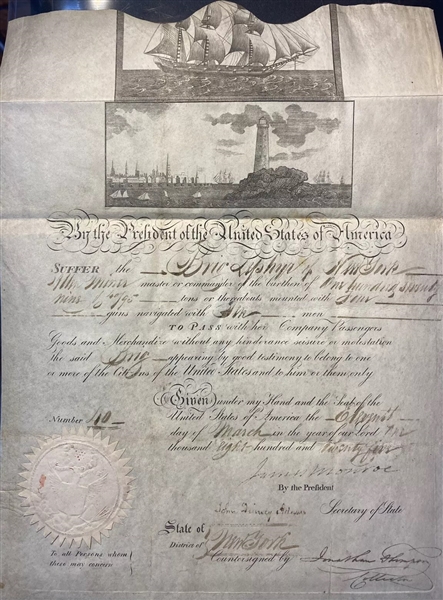 President James Monroe & John Quincy Adams Dual Signed 1825 Ships Pass Document Allowing 4 Gunned Brig of NYPassage! (Third Party Guaranteed)