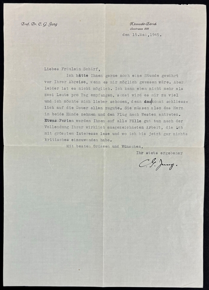 Carl Jung Rare Signed 1945 Typed Letter (Third Party Guaranteed)