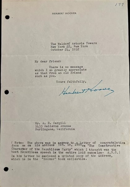 President Herbert Hoover Signed 1952 Typed Letter Regarding "The Constructive Character of the Republican Party" Broadcast! (Third Party Guaranteed)