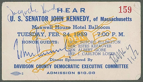 John F, Bobby, & Jacqueline Kennedy Triple Signed 1959 John F. Kennedy Speech Ticket - The Only Known Triple Signed Kennedy Item to Surface! (Beckett/BAS)