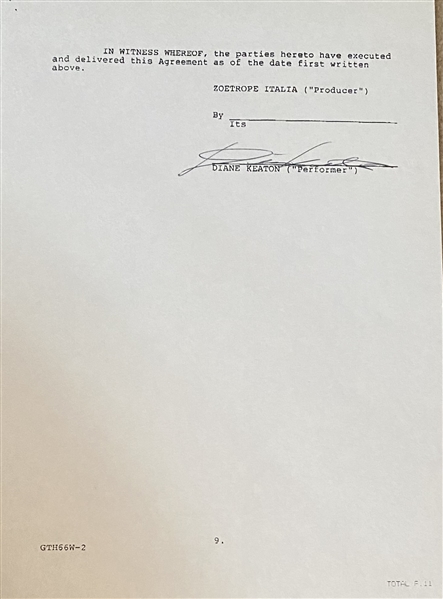 Diane Keaton Signed 1989 "The Godfather III" Nine Page Employment Contract w/ $700,000 In Compensation & No Sex Scene Stipulation! (Third Party Guaranteed)